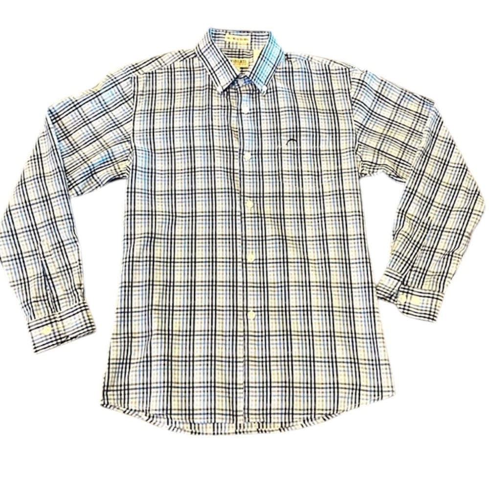 Gioberti Italy Boys Sz 12 Blue Gray Plaid Long Sleeve Button Down Shirt like new